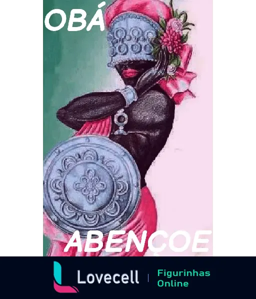 Figurinha de Obá, uma das Orixás, com armadura e capacete cinza e um lenço vermelho sobre a cabeça, com flores. Texto: 'Obá abençoe'.