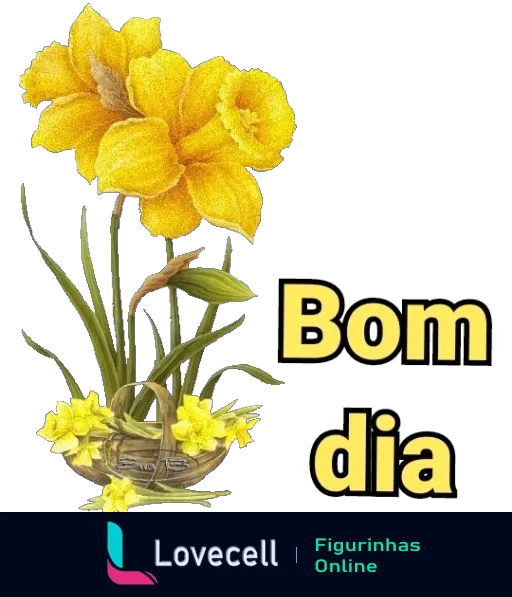 Figurinha de Bom Dia mostrando um arranjo de flores amarelas vibrantes, possivelmente narcisos ou lírios, em um vaso com texto 'Bom dia' em destaque, simbolizando otimismo e alegria