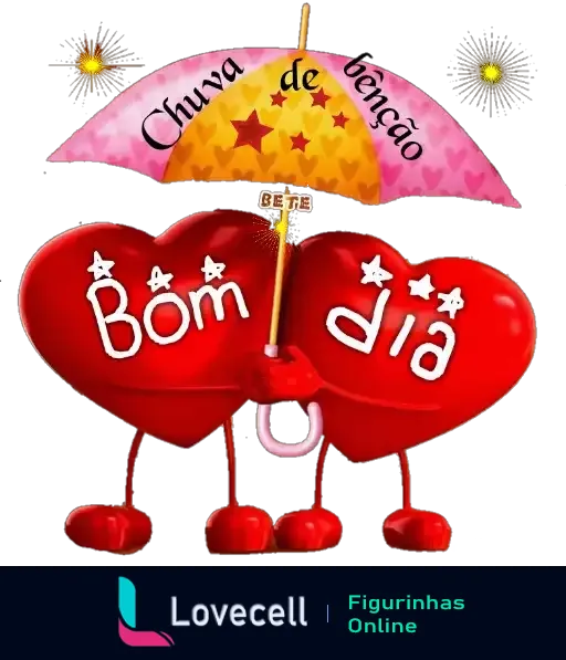 Dois corações vermelhos sob um guarda-chuva com 'Chuva de Benção' e 'Bom Dia' escritos, cercados por estrelas decorativas