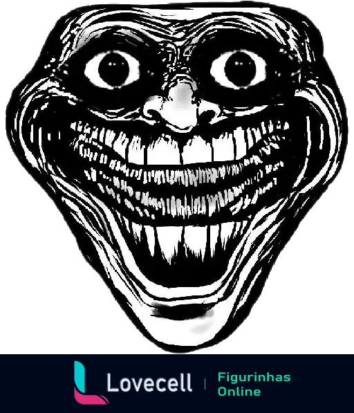 Imagem em preto e branco de um rosto distorcido com um sorriso largo e olhos grandes, lembrando a famosa Troll Face.