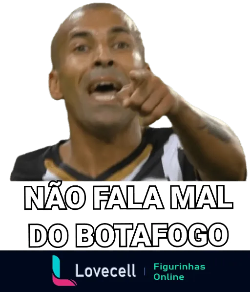 Homem emocionado apontando para a câmera com a legenda 'NÃO FALA MAL DO BOTAFOGO', expressando defesa apaixonada pelo time de futebol Botafogo