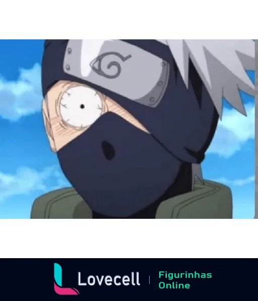 Figurinha de Kakashi Hatake surpreso, com sharingan exposto e uniforme de jonin da Vila da Folha, em Naruto