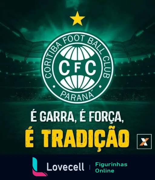 Emblema do Coritiba Foot Ball Club sobre fundo de estádio iluminado com o texto 'É garra, é força, é tradição', representando a paixão e tradição do time.