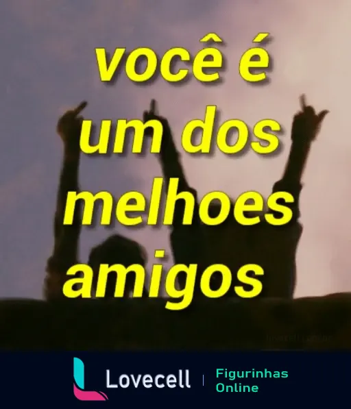 Figurinha de grupo de amigos comemorando ao pôr do sol com a frase 'você é um dos melhores amigos' em destaque