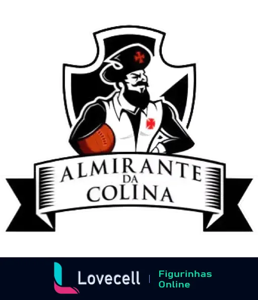 Logo do Almirante da Colina mostrando um almirante com chapelão e escudo esportivo, segurando uma bola de futebol em fundo preto com laço branco