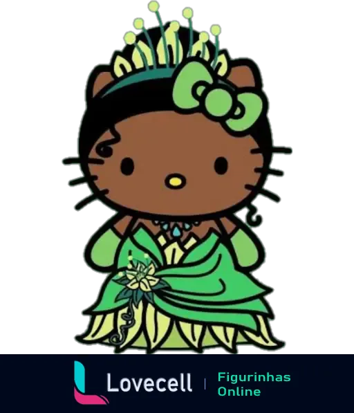 Figurinha da Hello Kitty vestida como princesa, com um lindo vestido verde e uma tiara combinando, celebrando seu estilo real.