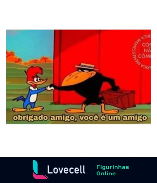 Cena animada com um pássaro madeireiro e um personagem negro de chapéu, apertando as mãos. Texto: 'obrigado amigo, você é um amigo'.