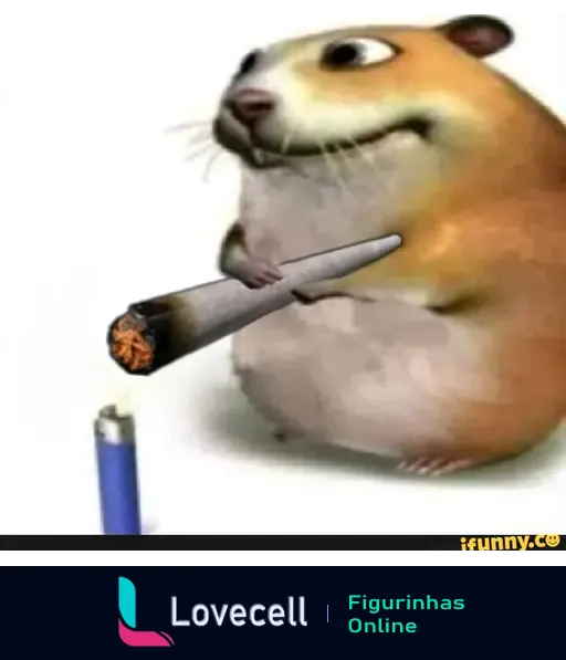 Imagem de um hamster cartoon segurando um cigarro grande aceso, perto de um isqueiro azul. É uma cena cômica.