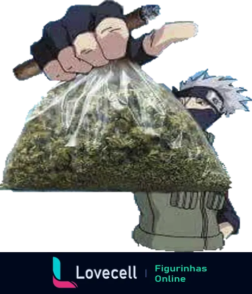 Personagem segurando um saco plástico com conteúdo verde, simbolizando cannabis, em estilo de anime. Fundo desfocado.