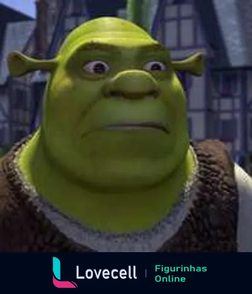 Figurinha de Shrek em close-up com expressão confusa, vestindo colete marrom e camisa branca suja