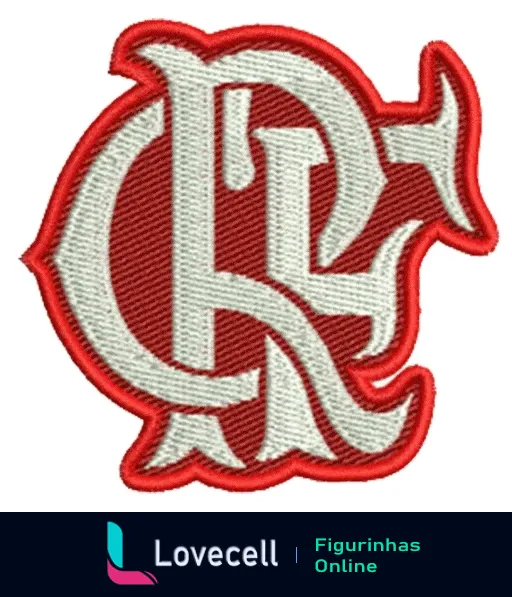 Emblema bordado do Clube de Regatas do Flamengo, destacando as letras C, R e F em vermelho e branco, cercado por um contorno vermelho.