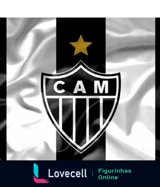 Figurinha do escudo do Clube Atlético Mineiro em preto e branco com as letras 'CAM' e uma estrela amarela acima