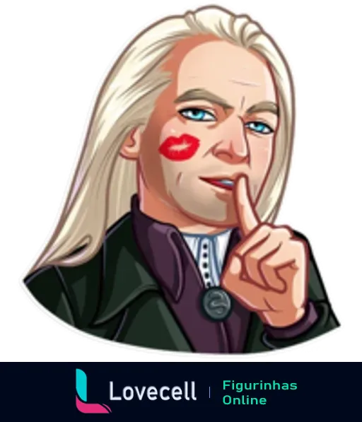 Figurinha de Lucius Malfoy caricaturado de Harry Potter com cabelos platinados e capa escura, beijo vermelho na bochecha e gesto de silêncio