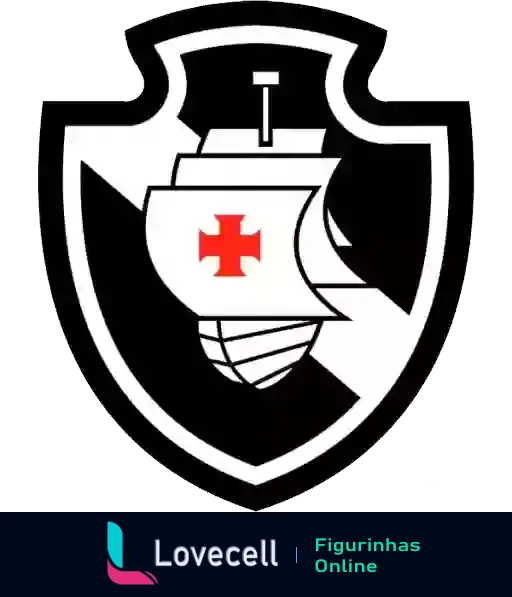 Figurinha do escudo do Club de Regatas Vasco da Gama com fundo preto, caravela branca e cruz vermelha, representando a tradição do futebol brasileiro