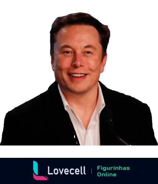 Elon Musk sorridente e confiante, usando terno preto e camisa branca, em fundo neutro