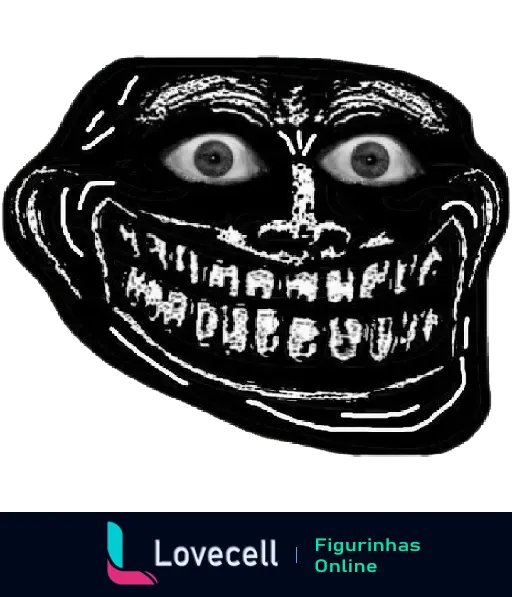 Imagem de um rosto de troll face com olhos reais arregalados, criando uma expressão perturbadora e assustadora. Humor negro e memes de terror.