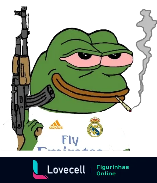 Desenho de Pepe the Frog vestindo uma camisa do Real Madrid, segurando uma arma e fumando um cigarro.