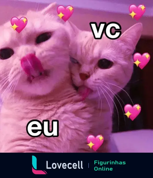 Dois gatinhos fofos com línguas para fora, com as palavras 'eu', 'vc' e elementos de coração ao redor. Tema de amor entre 'eu' e 'vc'.