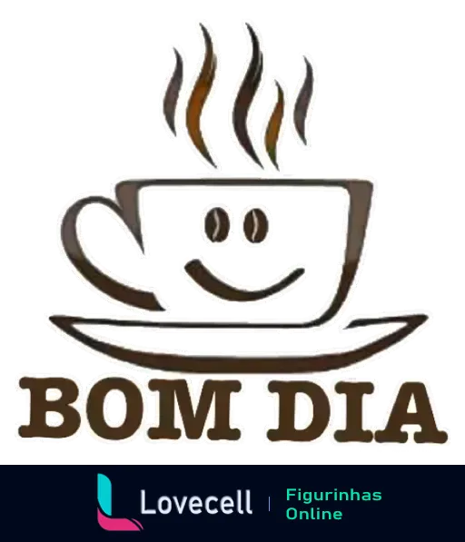 Figurinha com a frase 'BOM DIA' acima de uma xícara de café sorridente e vaporosa, ideal para saudações matinais