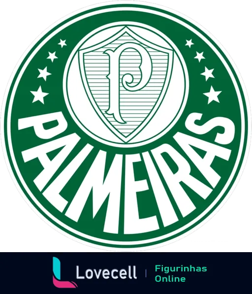 Escudo do Sociedade Esportiva Palmeiras, emblema circular com fundo verde, iniciais 'P' entrelaçadas estilo clássico, estrelas e nome do time na borda externa