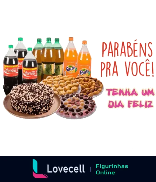 Figurinha de Feliz Aniversário com bebidas, bolo de chocolate, salgadinhos e doces, acompanhada da mensagem 'Parabéns pra você! Tenha um dia feliz'.