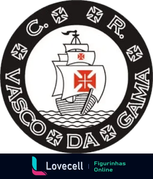 Escudo do Clube de Regatas Vasco da Gama com caravela e cruz de malta em velas sobre ondas do mar, emoldurado por círculo preto com nome do clube