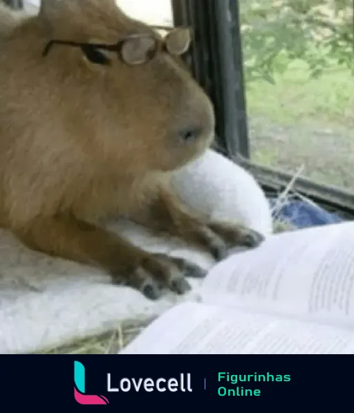 Capivara usando óculos enquanto lê um livro, com um olhar concentrado. Imagem engraçada e adorável para diversas situações.