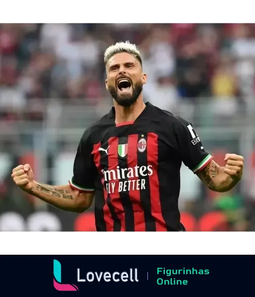 Jogador do AC Milan comemorando gol com uniforme patrocinado pela Emirates e Fly Better, expressando alegria em estádio lotado