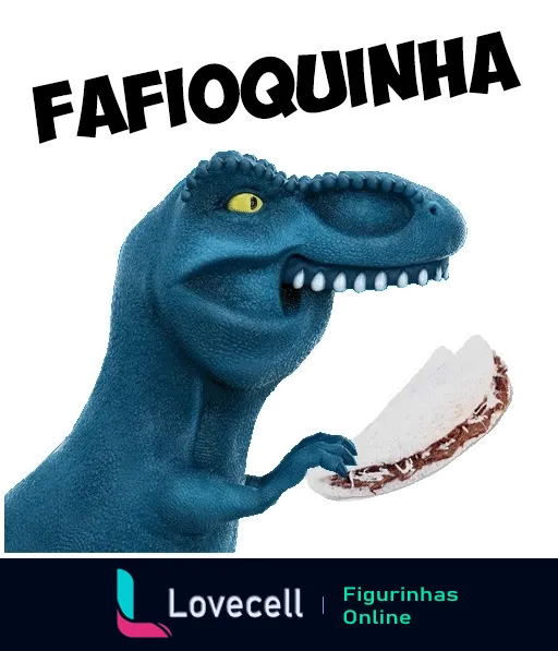 Dinofauro azul segurando um bolo de Fafioquinha com expressão faminta e animada