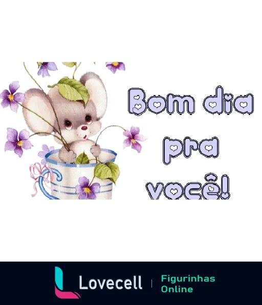 Figurinha de bom dia com elefantinho de desenho animado dentro de uma xícara decorada com flores, rodeado por pequenas flores roxas e folhas verdes na cabeça, com a mensagem 'Bom dia pra você!' em letra cursiva