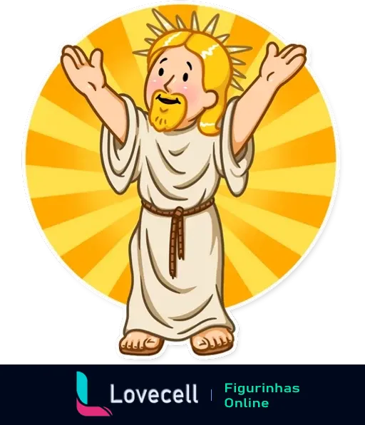 Figurinha de Jesus animado com braços abertos e auréola brilhante, da coleção Fallout Vault Boy. Ilustração religiosa e alegre.