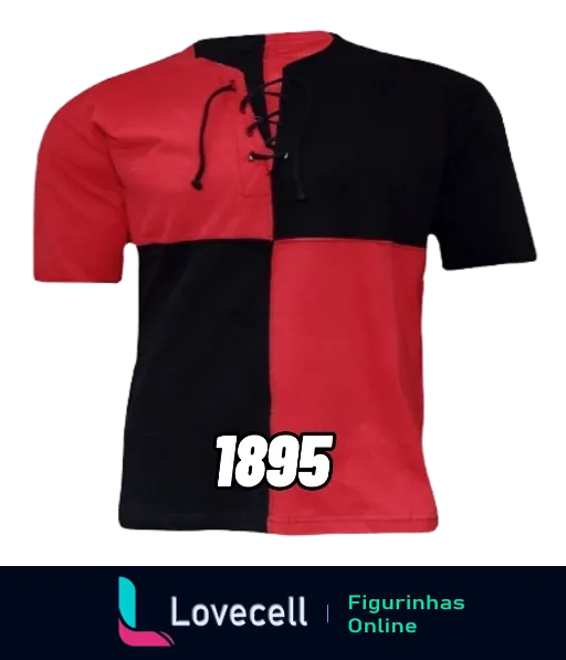 Figurinha da réplica da camisa do Flamengo de 1895, com design em preto e vermelho e amarração no pescoço, simbolizando um dos primeiros uniformes do clube