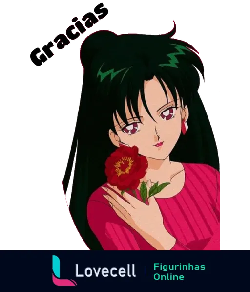 Personagem Sailor Pluto de cabelos negros e longos segurando uma rosa vermelha com a palavra 'Gracias' no canto superior esquerdo.