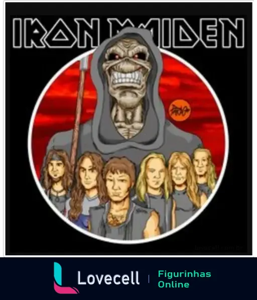 🎨Iron Maiden cover🎨 com Eddie, mascote icônico da banda, cercado pelos membros desenhados em estilo cartoon.