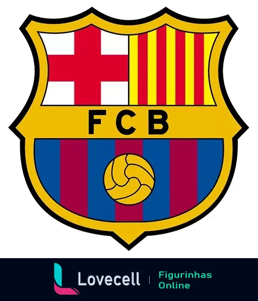 Figurinha do escudo do FC Barcelona com cores vermelho e azul, bola de futebol dourada e bandeiras da Catalunha e de São Jorge