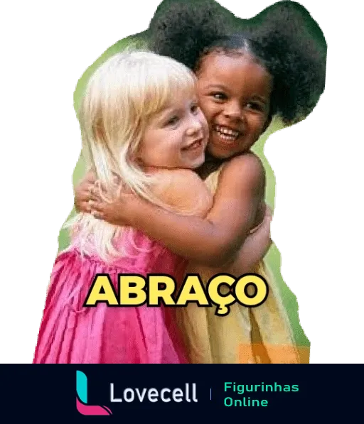 Figurinha de duas crianças sorridentes se abraçando, uma com cabelo loiro e vestido rosa, outra com cabelo afro e vestido amarelo, simbolizando união e carinho entre amigos