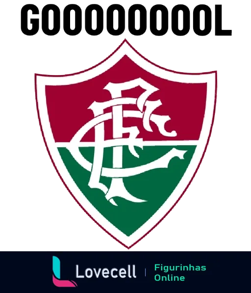 Escudo do Fluminense Football Club em verde, branco e grená com a palavra 'GOOOOOOOOL' em destaque celebrando um gol do time