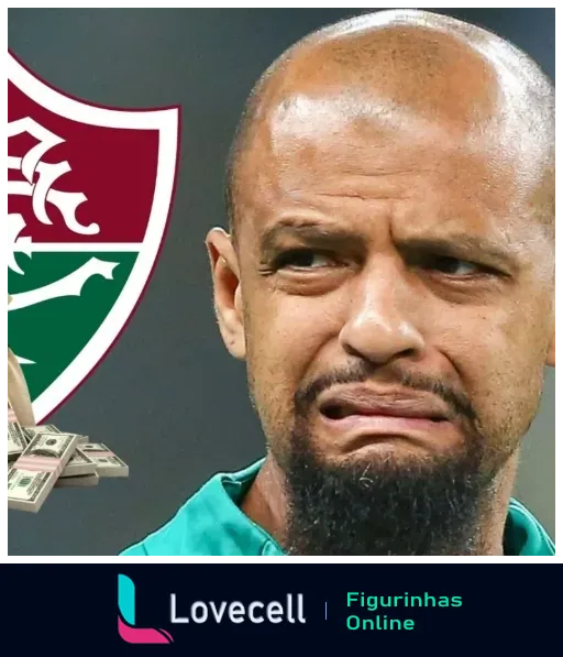 Homem fazendo careta com escudo do Fluminense e maços de dinheiro ao fundo, expressando descontentamento ou ironia sobre o time