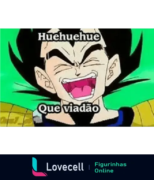 Personagem Vegeta de Dragon Ball Z rindo com a boca aberta, acompanhado do texto 'Huehuehue Que Viadão' em letras brancas.