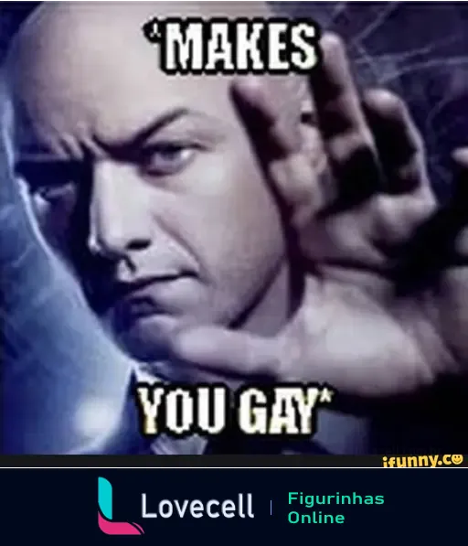 Meme com figura de um homem calvo, expressando uma pose de advertência, com texto 'MAKES YOU GAY' em destaque.