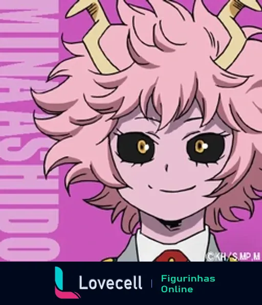 Figurinha da personagem Mina Ashido de My Hero Academia Class 1A com cabelo rosa e pele roxa, expressando um sorriso confiante.