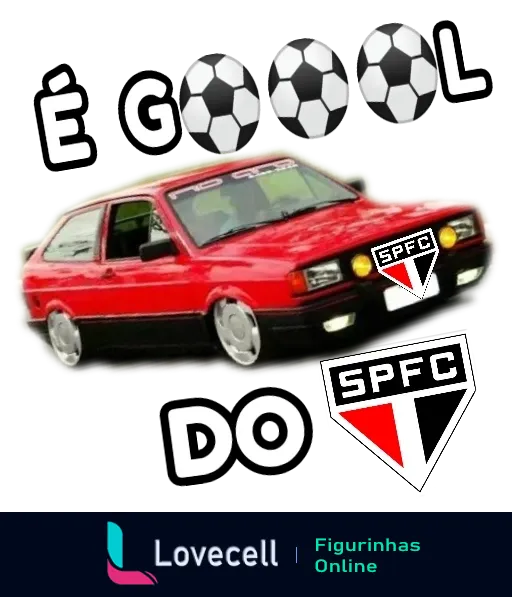 Veículo vermelho decorado com emblema do São Paulo Futebol Clube e bolas de futebol ao redor, celebrando gol do time