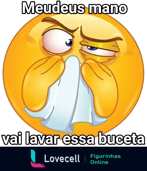 Emoji amarelado com expressão de incredulidade, segurando um lenço, acompanhado do texto 'Meudeus mano vai lavar essa buceta'.