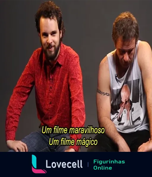 Dois apresentadores do Choque de Cultura, um programa humorístico sobre cinema, vestidos de forma casual. Subtítulo 'Um filme maravilhoso, um filme mágico'.