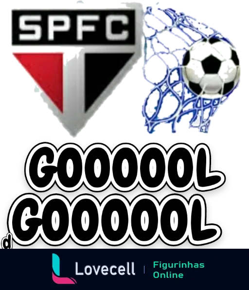 Figurinha comemorativa de gol do São Paulo Futebol Clube com escudo do time, bola de futebol azul e branca e a palavra 'GOOOOOL' em estilo vibrante