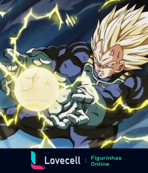 Super Vegeta canalizando uma poderosa esfera de energia com raios eletrizantes ao fundo.