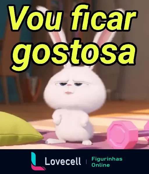 Figurinha engraçada de coelho animado com texto 'Vou ficar gostosa' em pasta 'Tô apaixonado(a)'. Humor e preparação para ficar saudável.