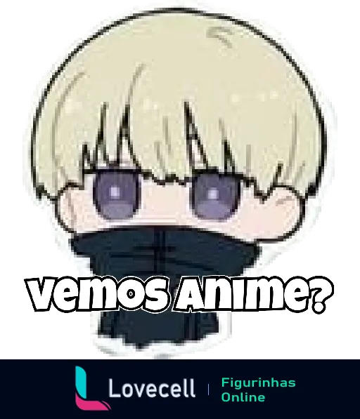 Figurinha de personagem loiro do anime Jujutsu Kaisen com olhos roxos e a frase 'vemos anime?'. Ideal para fãs convidarem amigos.