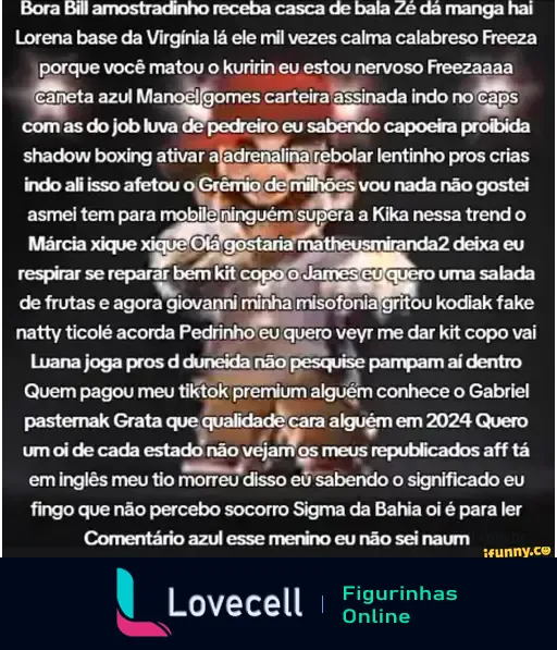 Figurinha do iFunny apresentando um texto humorístico sobre Bora Bill e situações engraçadas com personagens e referências populares.