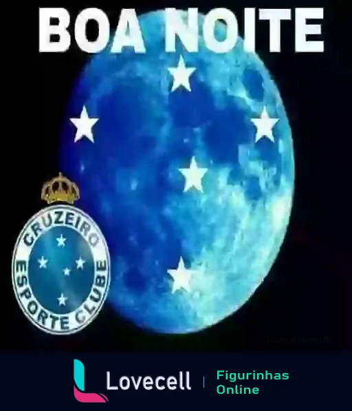 Figurinha com imagem da Terra à noite e a inscrição 'BOA NOITE' na parte superior, ao lado do símbolo do Cruzeiro Esporte Clube com coroa e estrelas brancas temáticas